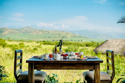 Breakfast over the savannah grasslands at Queen Elizabeth National Park.